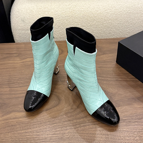 Mint Green Patent Cap Toe Chunky High Heel Boots