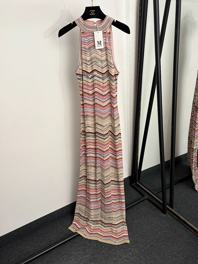 Colorful Wavy Striped Metallic Knit Halter Neck Maxi Dress