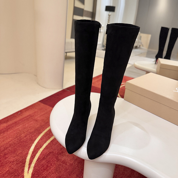 Black Suede Pointed Toe High Heel Knee High Boots With Side Zip