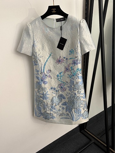 Beaded Metallic Jacquard Short Sleeve Light Blue Mini Dress