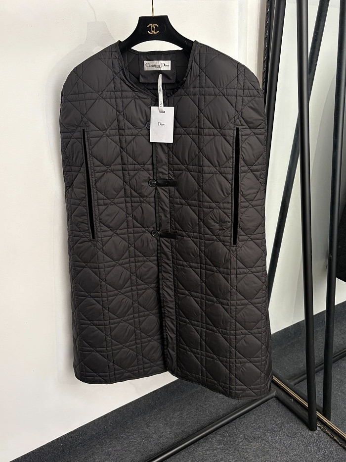 Diamond Quilted Embroidered Long Cape Puffer Vest Outerwear