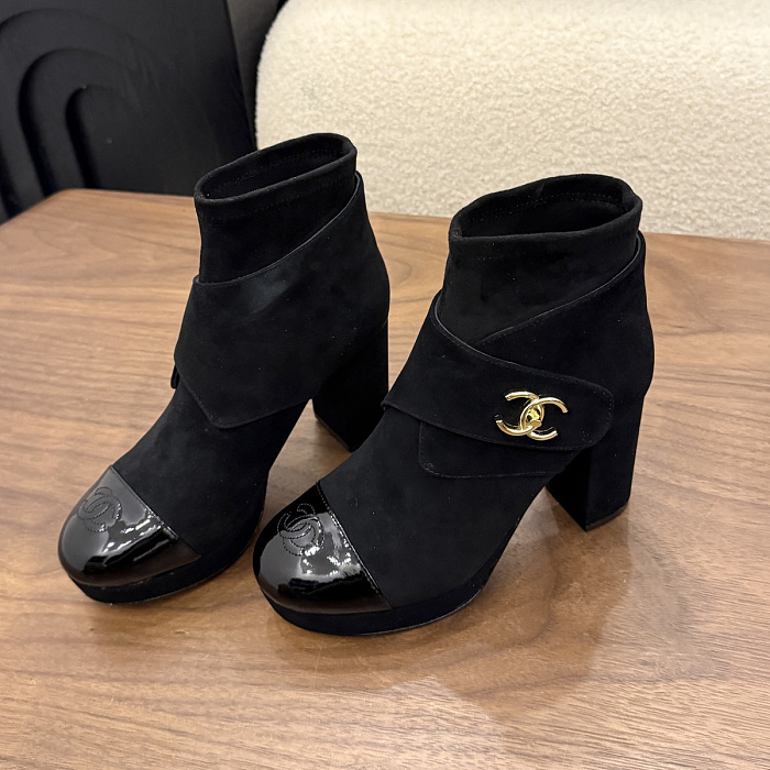 Black Suede Patent Cap Toe Chunky Heel Ankle Boots