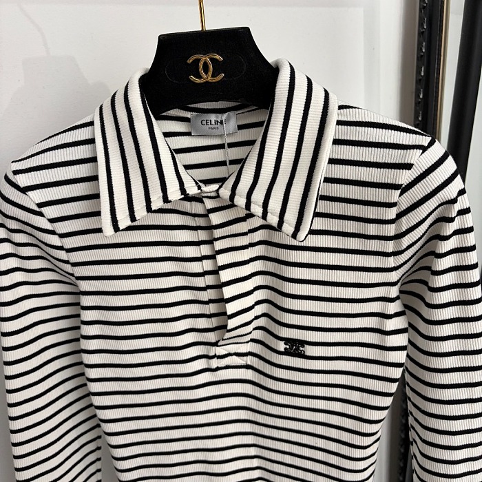 Minimalist Letter Embroidered Lapel Striped Long Sleeve Tee