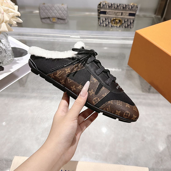 Furry Lined Backless Sneaker Mules With Monogram Trim And Laces