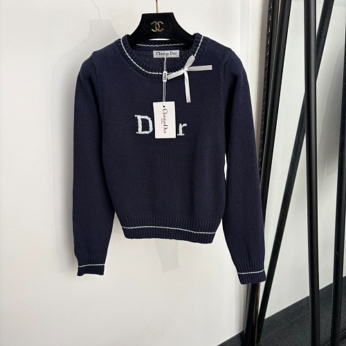 Metallic Letter Jacquard Bow Tie Long Sleeve Knit Sweater