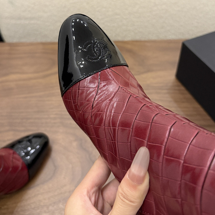 Chunky High Heel Two Tone Croc Embossed Stretch Boots