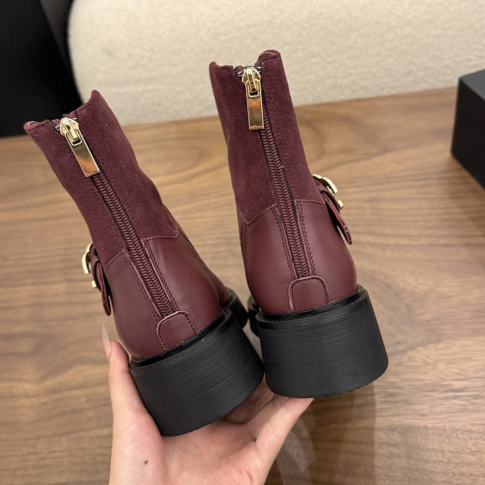 Burgundy Suede Chunky Heel Ankle Boots With Metal Buckle