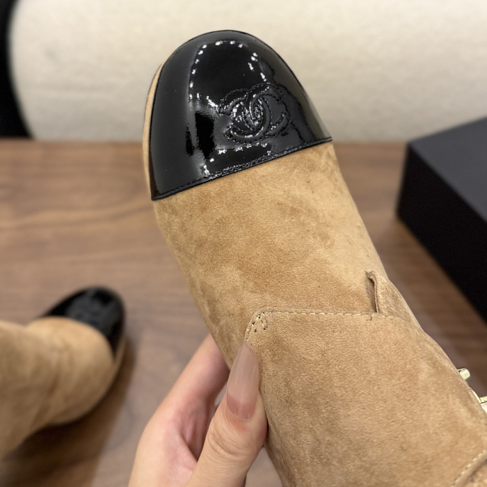 Chunky High Heel Suede and Patent Leather Ankle Boots with Buckle