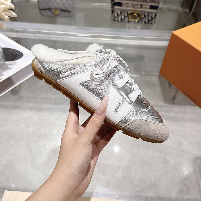 Silver Metallic Lace-Up Shearling Lined Mules