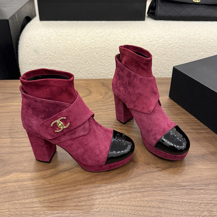 Chunky Heeled Suede And Patent Leather Ankle Boots With Metal Detail