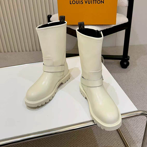 White Leather Lug Sole Mid-Calf Boots With Buckle Strap