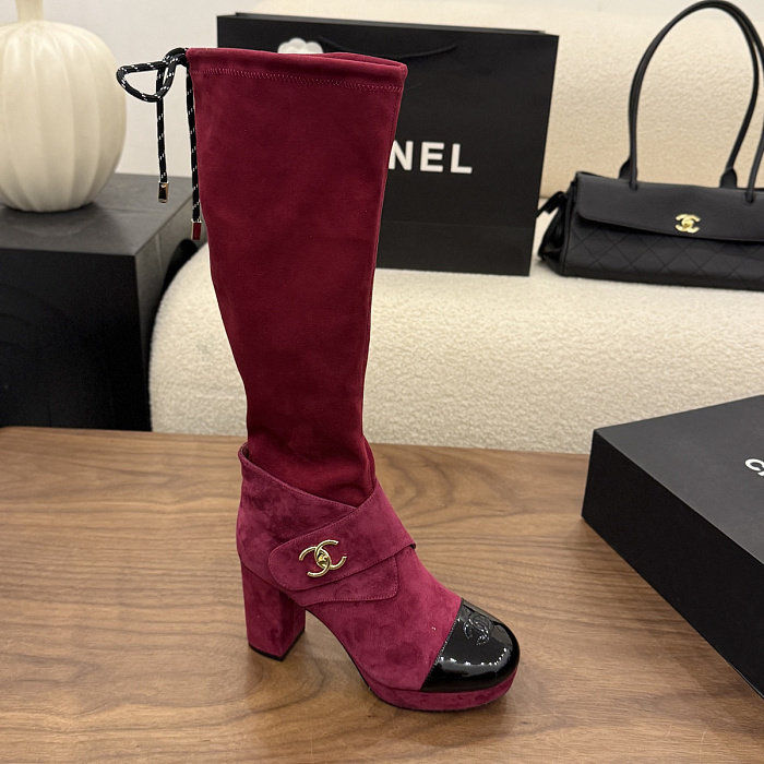 Burgundy Suede Patent Toe Chunky Heel Knee High Boots