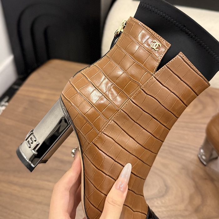Caramel Brown Crocodile Embossed Patent Toe Block Heel Boots