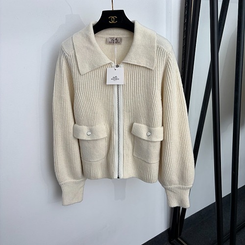 Dual Flap Pocket Lapel Zip Up Wool Knit Cardigan
