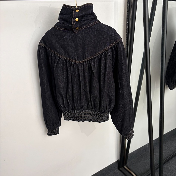 Letter Button Stand Collar Long Sleeve Denim Jacket With Scarf