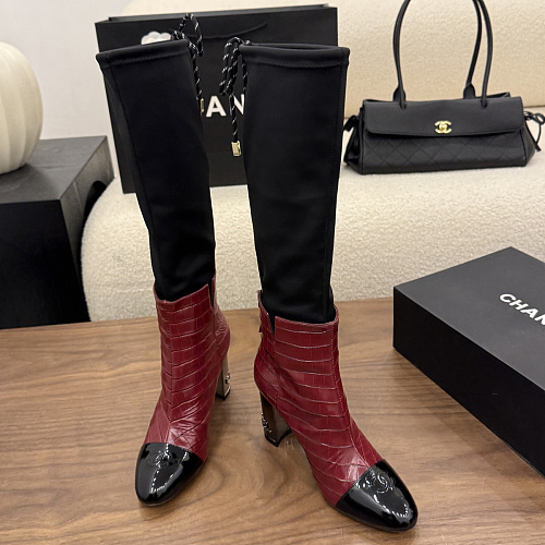 Chunky High Heel Two Tone Croc Embossed Stretch Boots