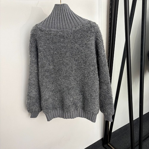 Metallic Buckle Embroidered Letter Mock Neck Knit Cardigan Jacket