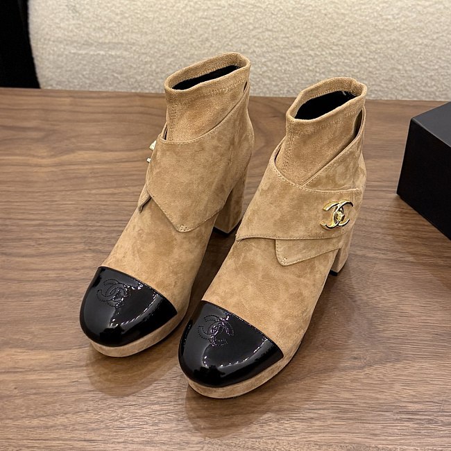 Chunky High Heel Suede and Patent Leather Ankle Boots with Buckle