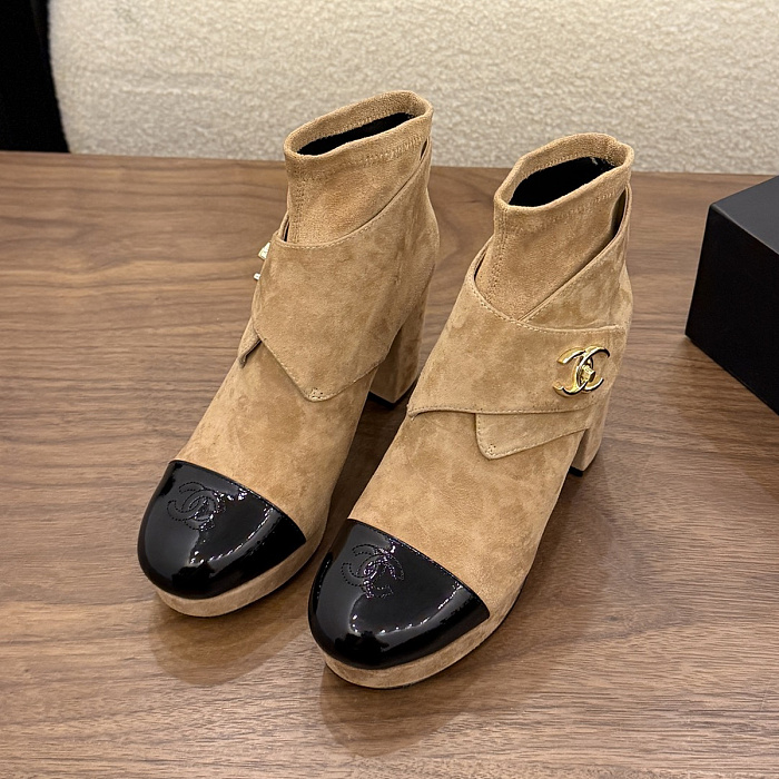 Chunky High Heel Suede and Patent Leather Ankle Boots with Buckle
