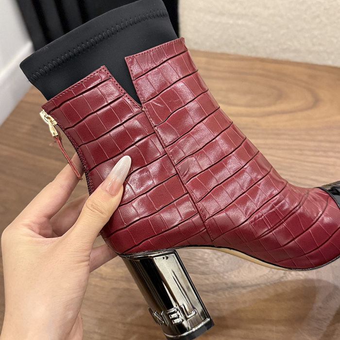 Two-Tone Croc-Embossed Patent Cap Toe Chunky Heel Ankle Boots