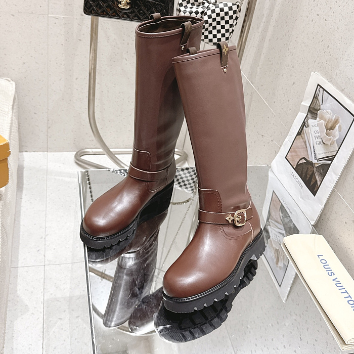 Brown Leather Knee High Boots With Chunky Lug Sole And Buckle Strap