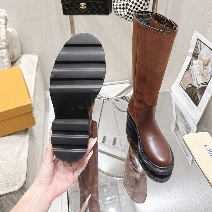 Brown Suede Leather Knee High Chunky Sole Boots