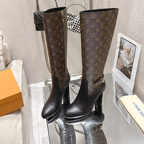 Monogram Print And Black Leather Chunky Heel High Boots