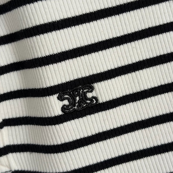 Minimalist Letter Embroidered Lapel Striped Long Sleeve Tee