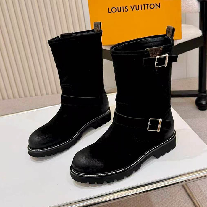 Chunky Lug Sole Suede Mid-Calf Boots With Buckle Strap