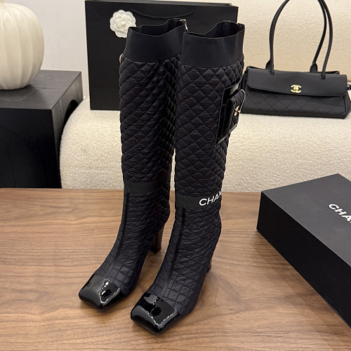 Quilted Fabric High Heel Boots With Patent Toe And Pocket