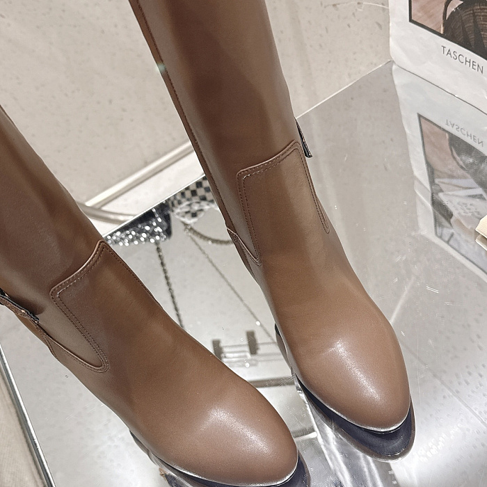 Chunky Heeled Knee High Boots With Side Zipper And Buckle Detail