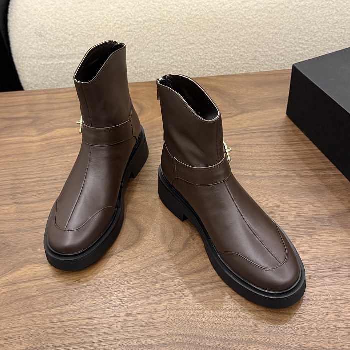 Brown Leather Ankle Boots With Chunky Heel And Buckle