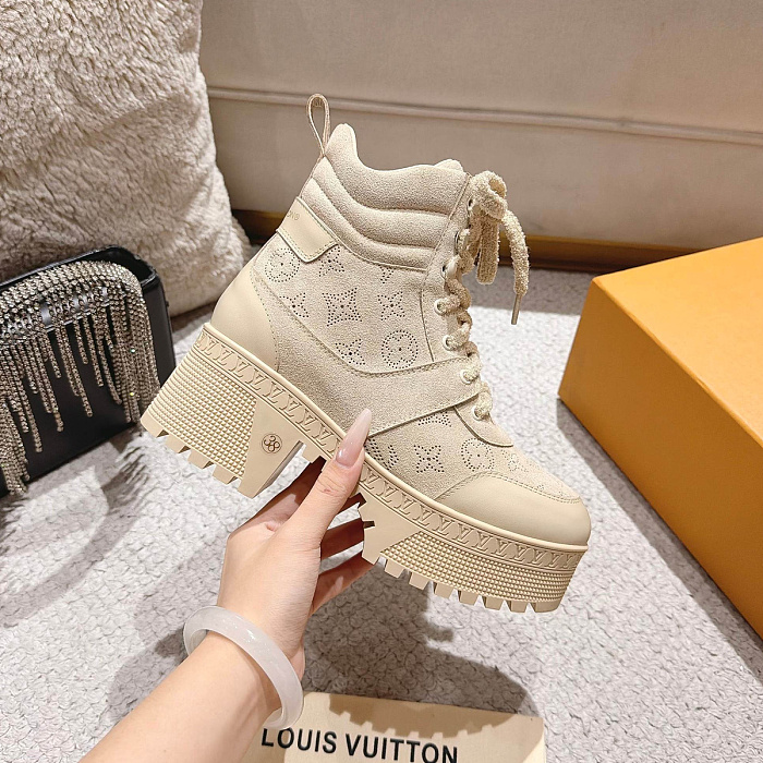 Beige Suede Platform Chunky Heel Lace Up Boots