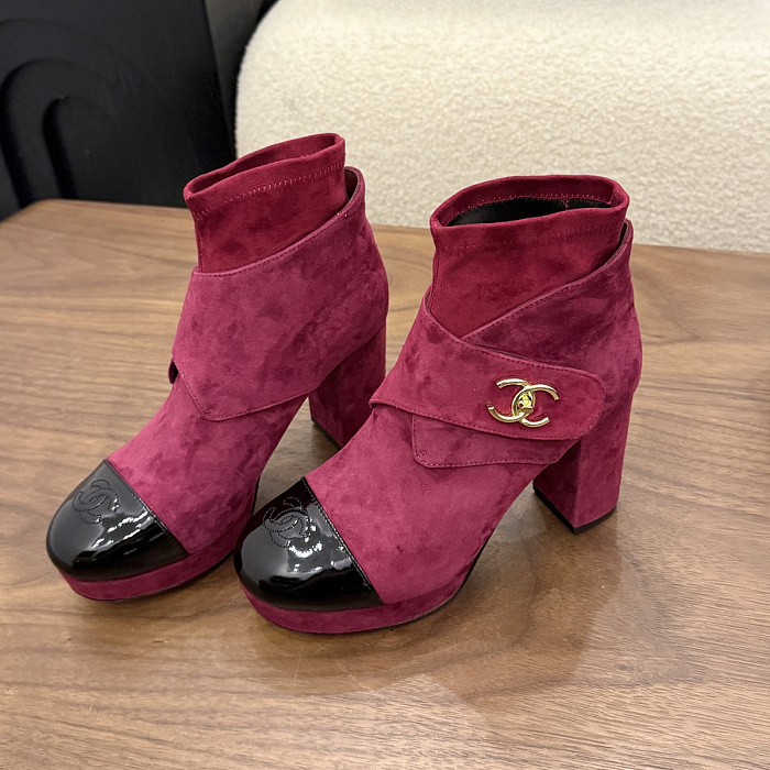 Chunky Heeled Suede And Patent Leather Ankle Boots With Metal Detail