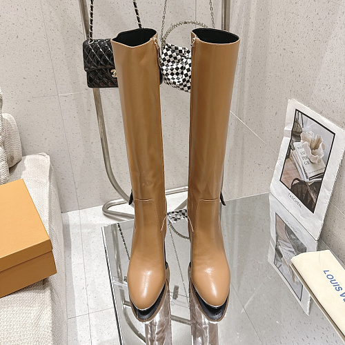 Chunky High Heel Leather Knee High Boots With Side Zip