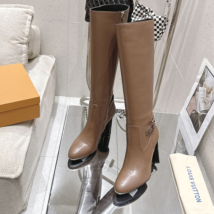 Chunky Heeled Knee High Boots With Side Zipper And Buckle Detail