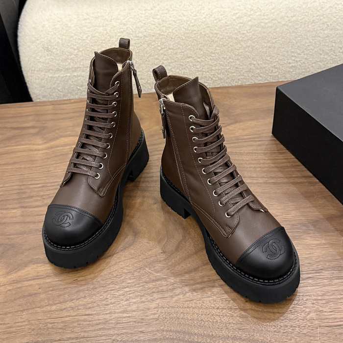 Brown Lace Up Chunky Lug Sole Boots With Black Toe Cap