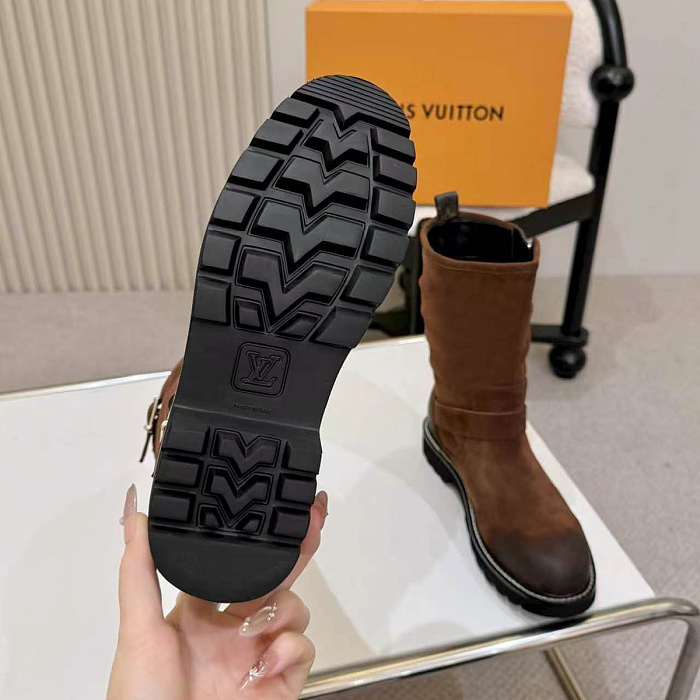 Brown Suede Mid-Calf Boots With Buckle Strap And Lug Sole