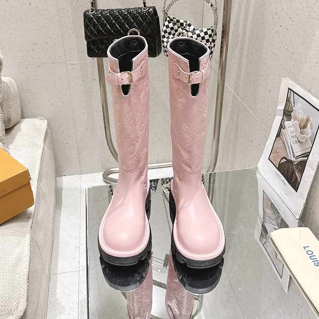Pink Debossed Monogram Pattern Chunky Lug Sole Knee High Boots With Side Buckle