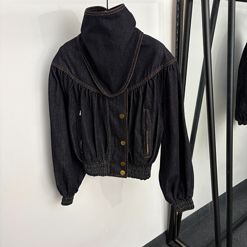 Letter Button Stand Collar Long Sleeve Denim Jacket With Scarf