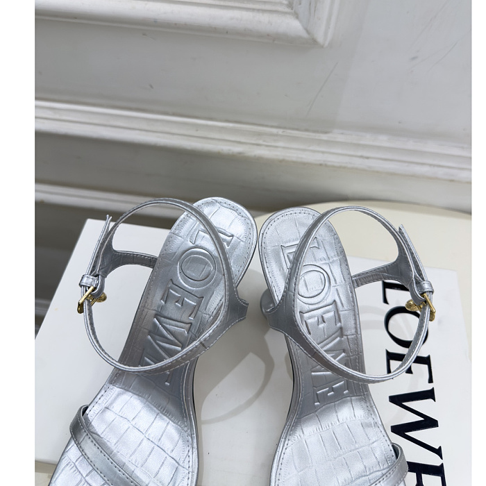 Silver Crocodile Embossed Open Toe Ankle Strap High Heel Sandals