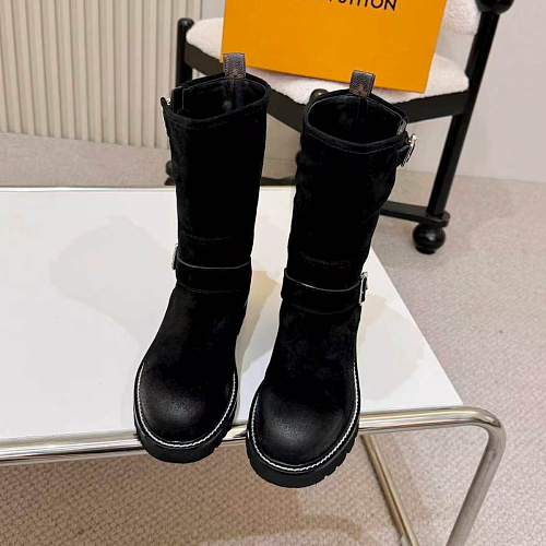 Chunky Lug Sole Suede Mid-Calf Boots With Buckle Strap