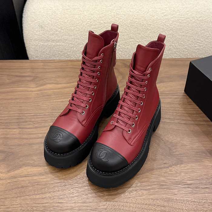 Burgundy Lace Up Chunky Lug Sole Combat Boots With Black Cap Toe