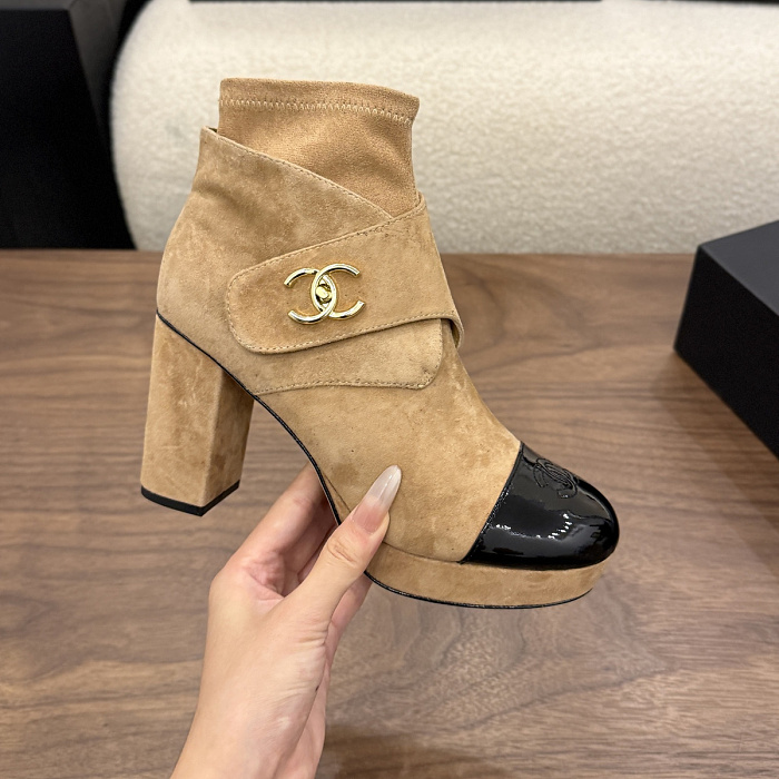 Chunky High Heel Suede and Patent Leather Ankle Boots with Buckle