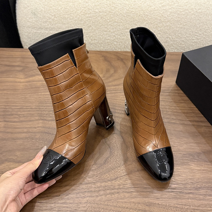 Caramel Brown Crocodile Embossed Patent Toe Block Heel Boots