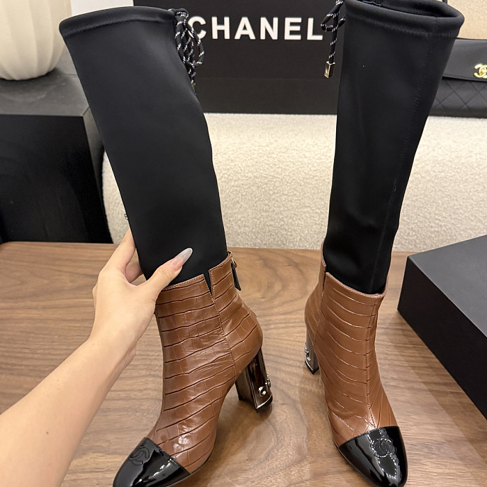Chic Patchwork High Heel Boots With Black Stretch Shaft And Brown Crocodile Embossed Toe