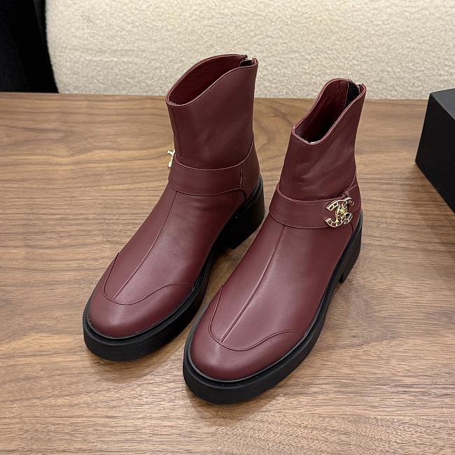 Burgundy Leather Ankle Boots With Chunky Soles And Side Buckle