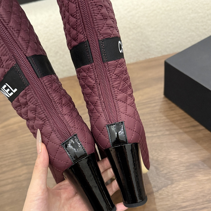Quilted Fabric High Heel Long Boots With Pocket And Contrast Cap Toe