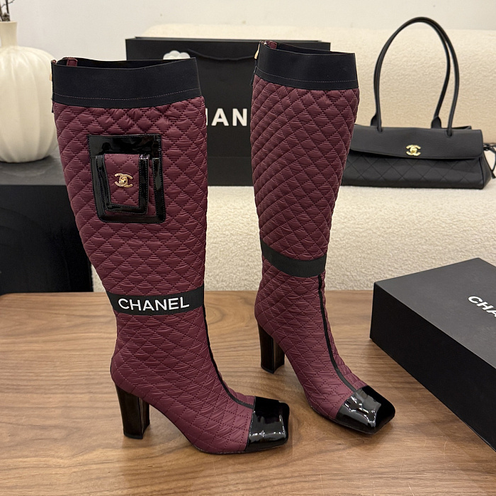 Quilted Fabric High Heel Long Boots With Pocket And Contrast Cap Toe