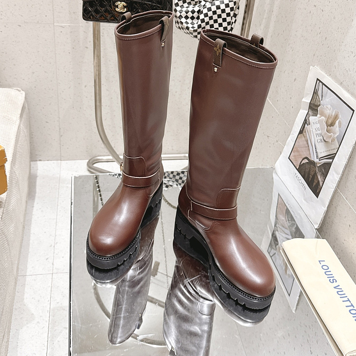 Brown Leather Knee High Boots With Chunky Lug Sole And Buckle Strap